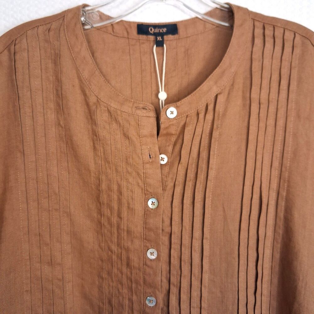 Quince NWT European Linen Short-Sleeve Swing Dress Golden Brown Pintuck Size XL - Picture 2 of 10